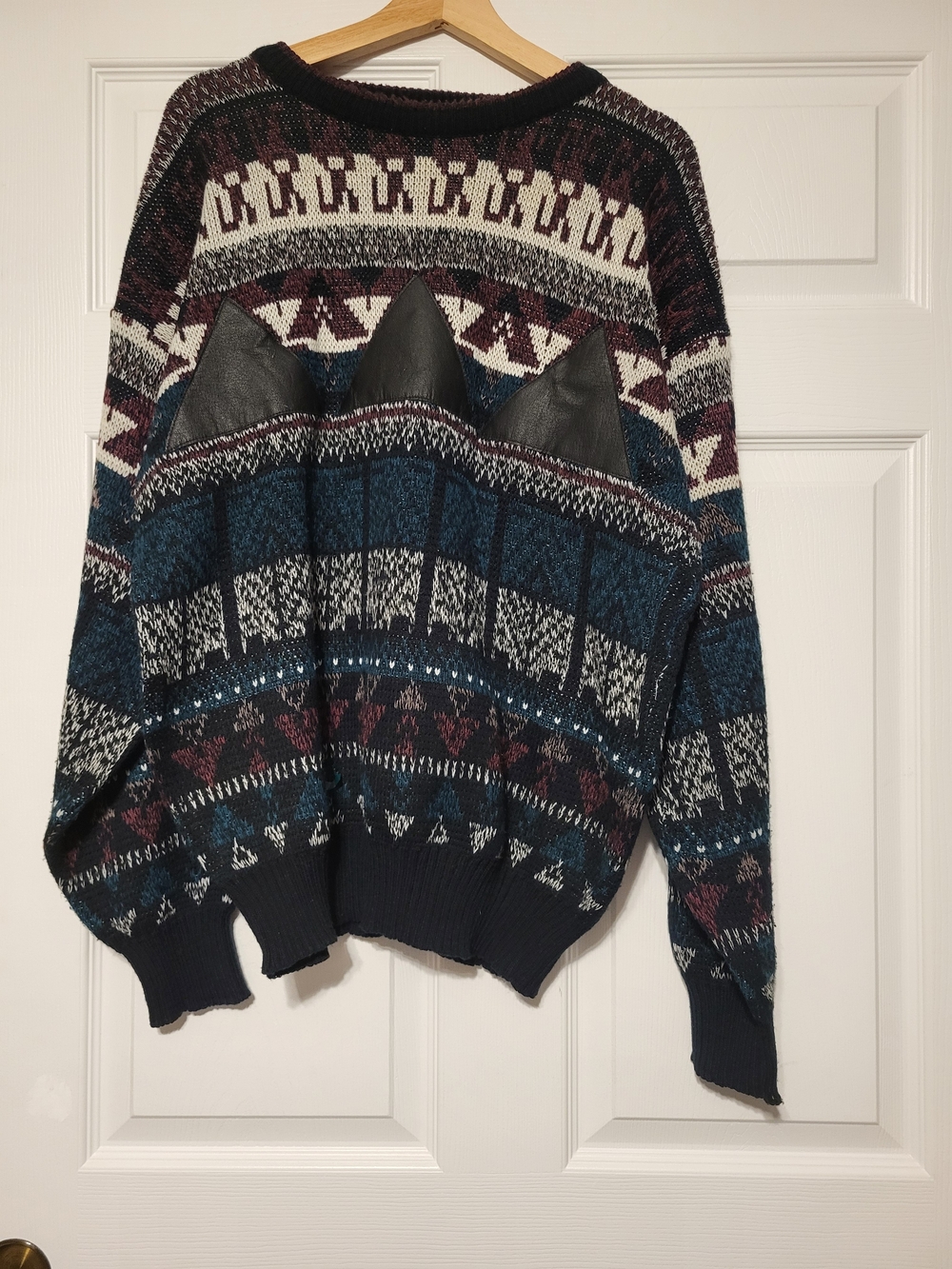 Vintage 90s Impact Geometric Sweater Men's L Leather Patch Grandpa Knit Retro